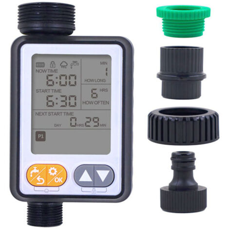 Timer automatico per l'irrigazione di giardino e balcone, con sensore pioggia e sistema di irrigazione intelligente. 10 programmi e blocco di sicurezza.