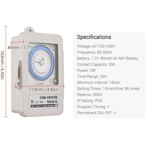 Timer meccanico Eosnow da 24 ore, custodia elettrica programmabile IP53, 100-240 V CA, intervallo di 15 minuti, 96 cicli di accensione/spegnimento, con foro di montaggio e coperchio antipolvere.
