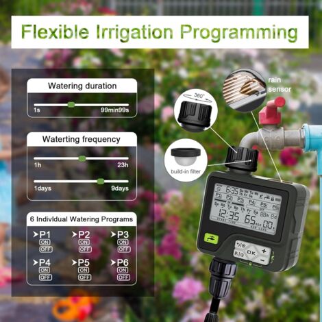 Timer per irrigazione automatica, programmatore per irrigazione automatica con 6 programmi separati, frequenza del ciclo settimana/giorno/ora, irrigazione automatica per giardino con sensore pioggia