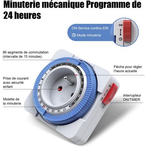 Timer per presa elettrica meccanica, timer per presa programmabile 24 ore, timer per presa a intervalli di 15 minuti, timer per ciclo giornaliero, timer per presa meccanica da 3680 W