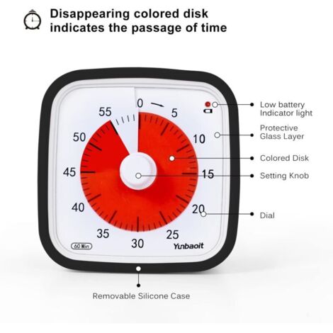 Timer visivo con custodia protettiva, timer con conto alla rovescia di 60 minuti migliorato per bambini e adulti con avviso di batteria scarica, strumento silenzioso per la gestione del tempo (nero)