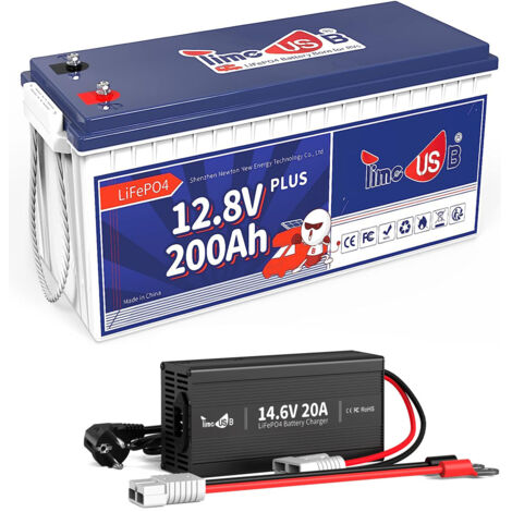 TIMEUSB 12V 200Ah PLUS LiFePO4 Akku Lithium Batterie+14,6V 20A Batterieladegerät für 12V LiFePO4 Batterie(Zwei Pakete verschickt)