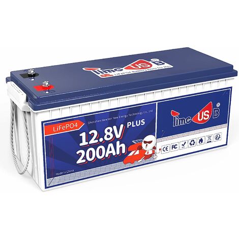 Timeusb 12V 200Ah PLUS LiFePO4 Batterie Integriertes 200A BMS Max.2560W Ladeleistung, 4000+Zyklen& 10-Jahres Lebensdauer 2560Wh Nutzbare Energie Perfekter Ersatz für Blei-Säure, SLA, AGM, GEL Batterie