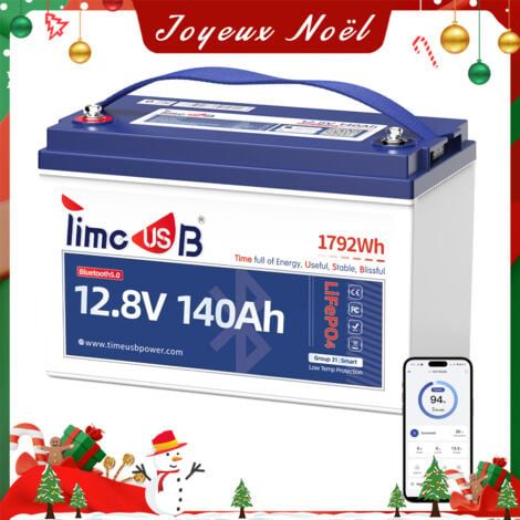 Timeusb Batterie Lithium LiFePO4 12V 140Ah Bluetooth, 150A BMS Intelligent, Protection à Basse Température , Parfait pour Camping-Cars, Moteur de Trolling, Bateau, Système Solaire, Hors Réseau