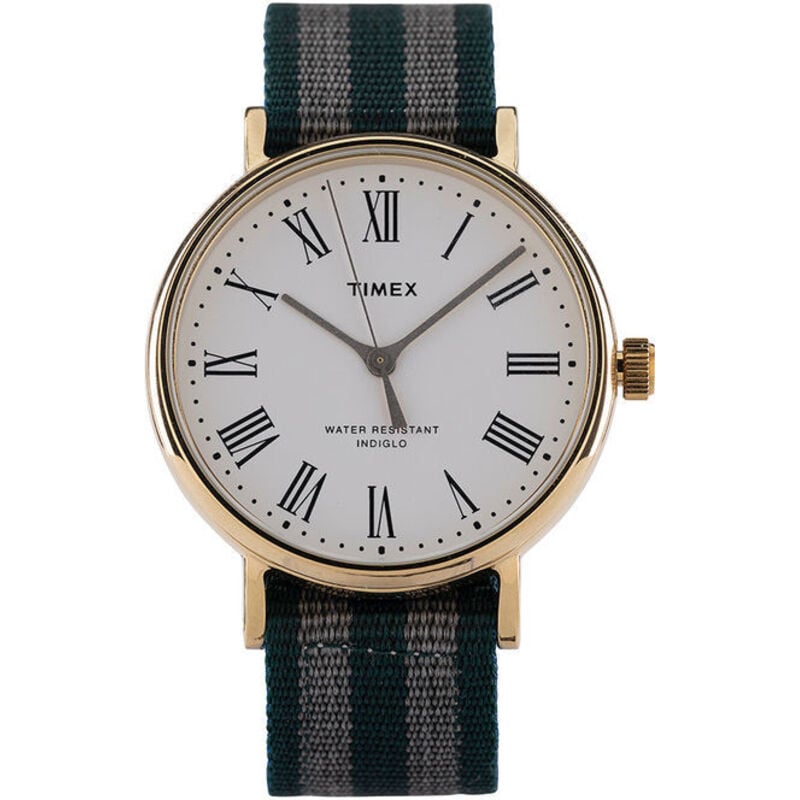 Timex Orologio al Quarzo FAIRFIELD AVENUE con quadrante in ottone case oro 37 MM cinturino Reversibile Blu-Bianco-Rosso Verde-Bianco