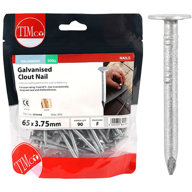 Galvanised Clout Nails - 3.75 x 65mm (500g Bag) - Timco