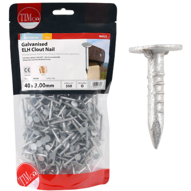 Galvanised Extra Large Head Clout Nails - 3 x 40mm (1kg Bag) - Timco