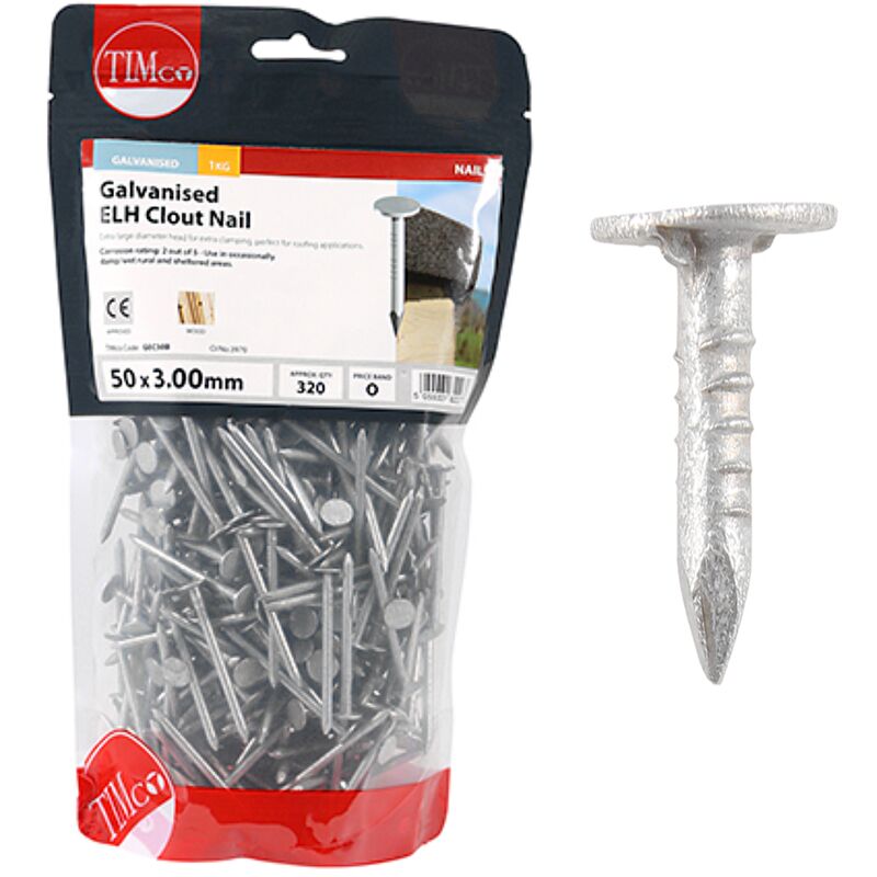 Galvanised Extra Large Head Clout Nails - 3 x 50mm (1kg Bag) - Timco
