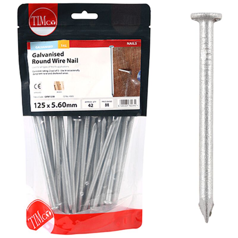Galvanised Round Wire Nails - 125 x 5.60mm (1kg Bag) - Timco