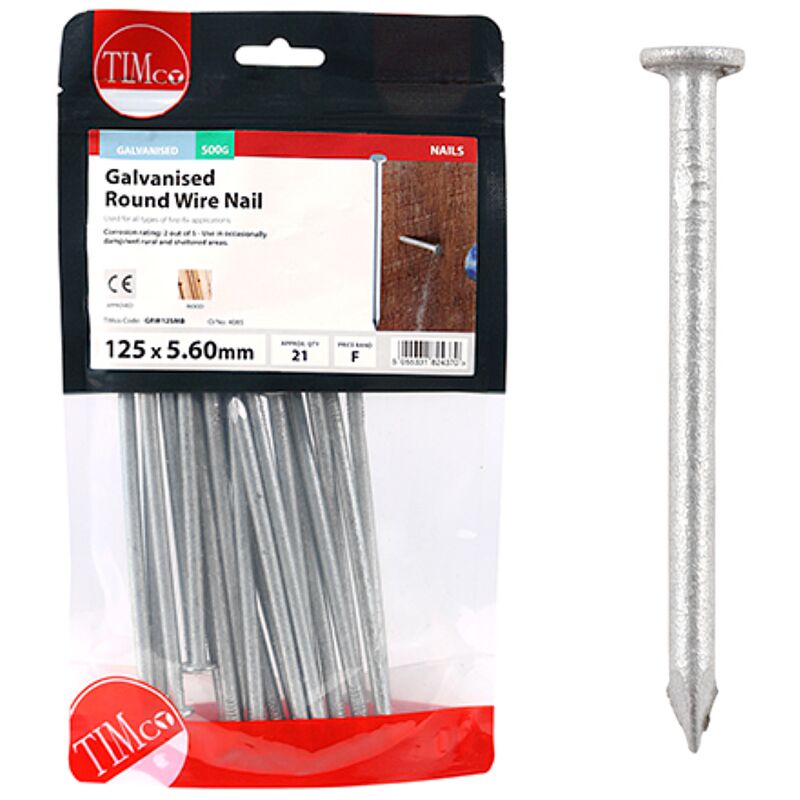 Timco - Round Wire Nails - Galvanised (Size 125 x 5.60 - 0.5 Kilograms)