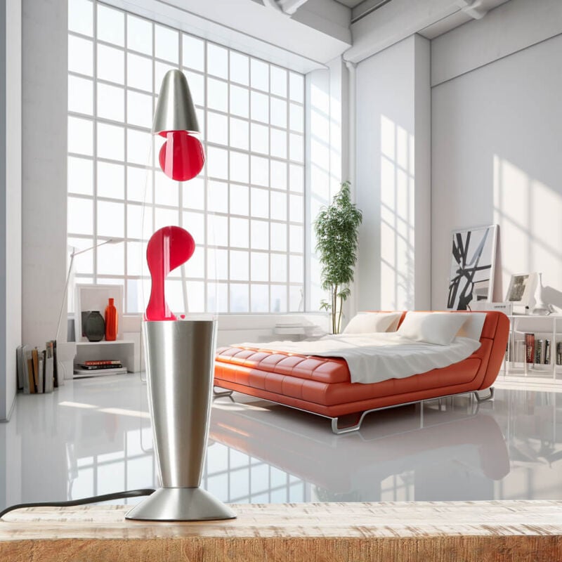 Licht-erlebnisse - Lampe à Lave timmy au design rétro avec cire rouge et liquide clair H:36cm G9 - Rouge, transparent, argenté