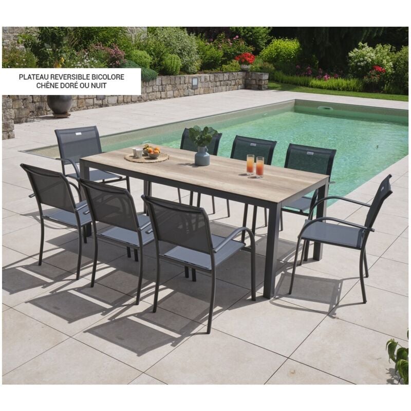 Timor - Ensemble table et fauteuils de jardin - 8 places - Chêne doré et Nuit