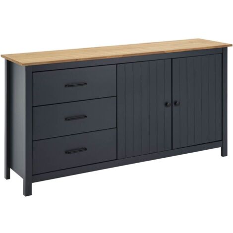 TINA - Buffet Bas 2 Portes 3 Tiroirs Bois Ciré coloris Bleu Pétrole