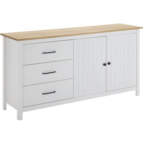 TINA - Buffet Bas 2 Portes 3 Tiroirs Bois Ciré et Blanc