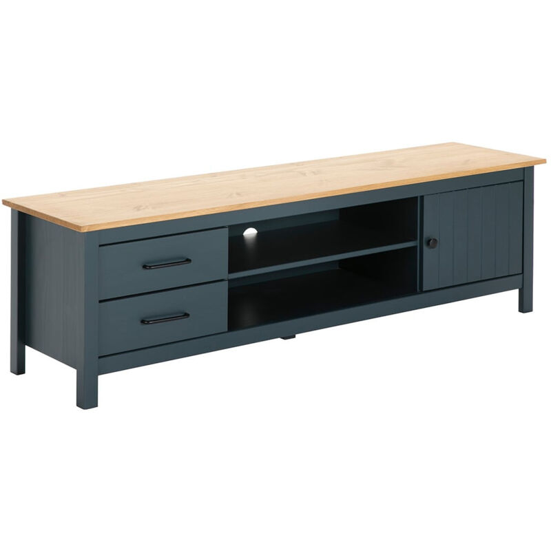 Altobuy - tina - Meuble tv 1 Porte 2 Tiroirs Bois Ciré et Bleu Pétrole