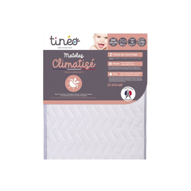 Tineo - Matelas Climatisé 60x120x10cm - Matelas Bébé - Climatisé - 1 Face Été - 1 Face Hiver - Sans Traitement - Fabriqué e
