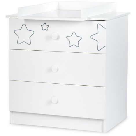 TINO Commode enfant 3 tiroirs motifs étoiles + plan à langer amovible Blanc - Blanc