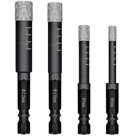 Tinor – Lot de 4 forets diamant pour carrelage céramique – Ø 6/8/10/12mm – Tige hexagonale 7mm – Perçage à sec ou avec liquide de refroidissement