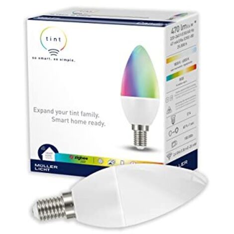 tint di MÃ¼ller-Licht LED a olive E14, Lampada a candela, bianco-colore (1800-6500K e RGB), dimmerabile, sostituisce lampadina da 40W, funziona con Alexa, 3,8 x 3,8 x 11 cm