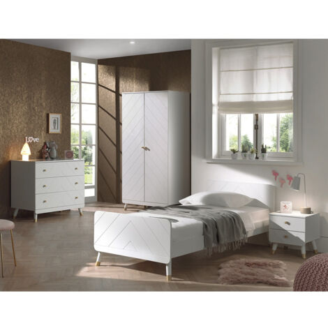 TINY WHITE - Chambre Complète 90x200cm + Armoire 2 Portes