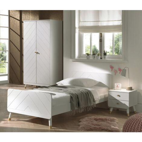 TINY WHITE - Lit 90x200cm + Chevet + Armoire 2 Portes