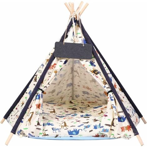 Tente tipi pour animaux - teepee chien chat - coussin épais grand confort  inclus - structure bois de pin