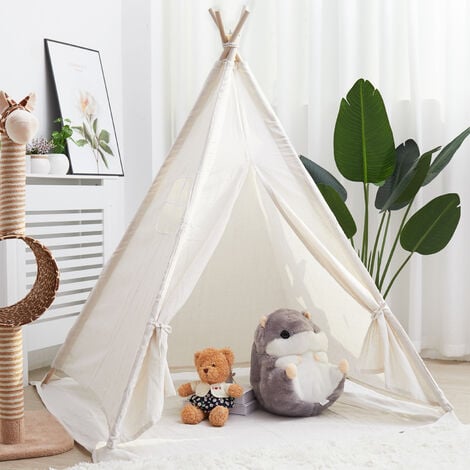 Tipi Enfant Intéieur- Tente de Jeux avec Tapis et Fenêtre Décoratif, Tente pour chambre d'Enfants, Cadeau Parfait Pour Fille Garçon - 120x120x130cm (Blanc)