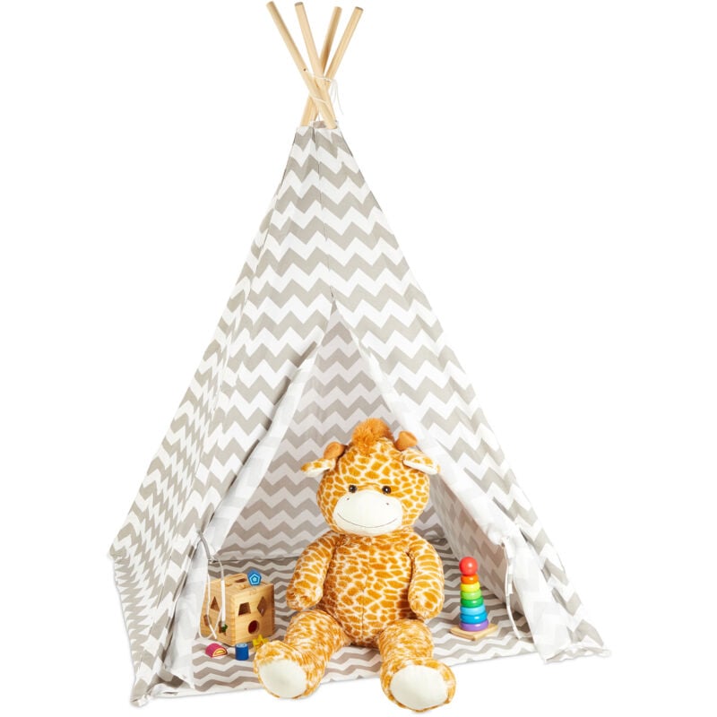 

Tipi Infantil, Tienda Campaña, Casita para Niños, Bolsa, Zigzag, Lino-Madera, 160 x 115 x 115 cm, Blanco-Gris