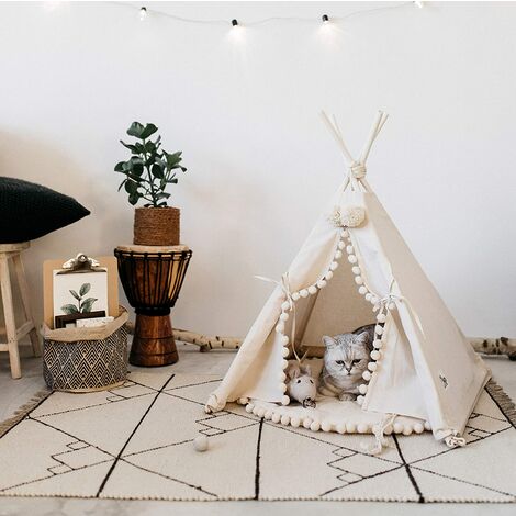 Tipi pour chien, tipi pour chat, tipi pour animaux de compagnie, lit pour chat moderne, lit pour petit chien en tissu naturel et bois (PETIT)