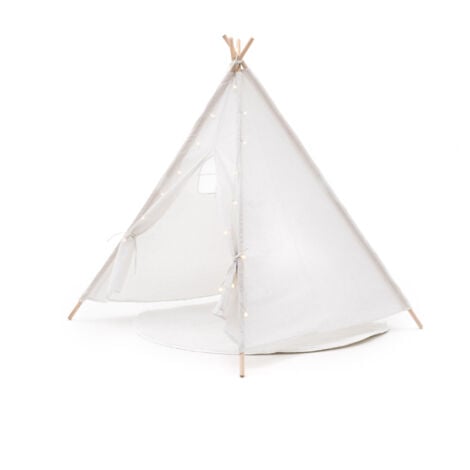 Tipi Zelt Kinder Montesori Robincool Koda 120x120x150 cm für Innen- und Außenbereich aus Weißem Stoff Lichter Teppich