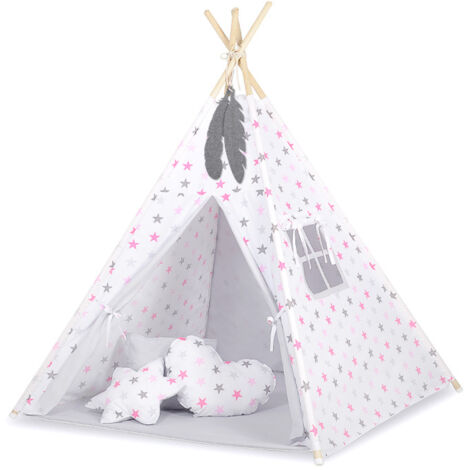 Tipizelt für Kinder + Matte + Federanhänger - Sterne grau-rosa/grau