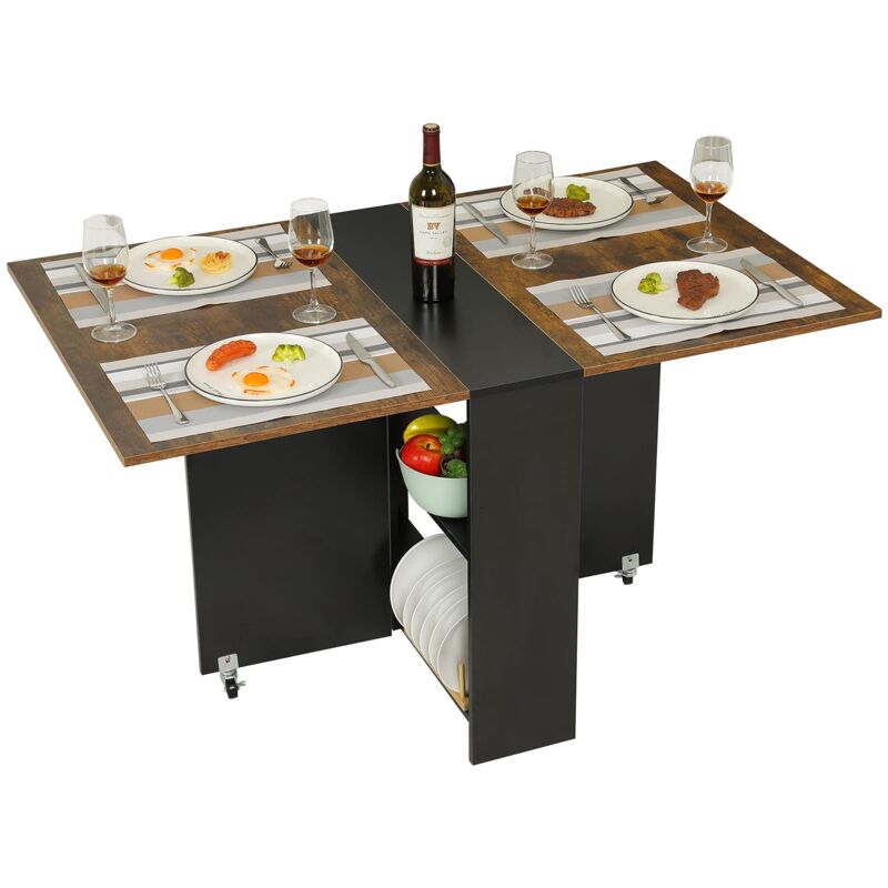 Tiptiper - Table à manger pliable avec 6 roues, table de cuisine pliable avec étagère à 2 niveaux, table à manger peu encombrante pour petits