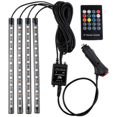 Tira de LED para coche, kit de iluminación interior LED multicolor (4 piezas, 36 LED de 12 V CC) con función musical, mando a distancia inalámbrico y función de música activada por sonido.