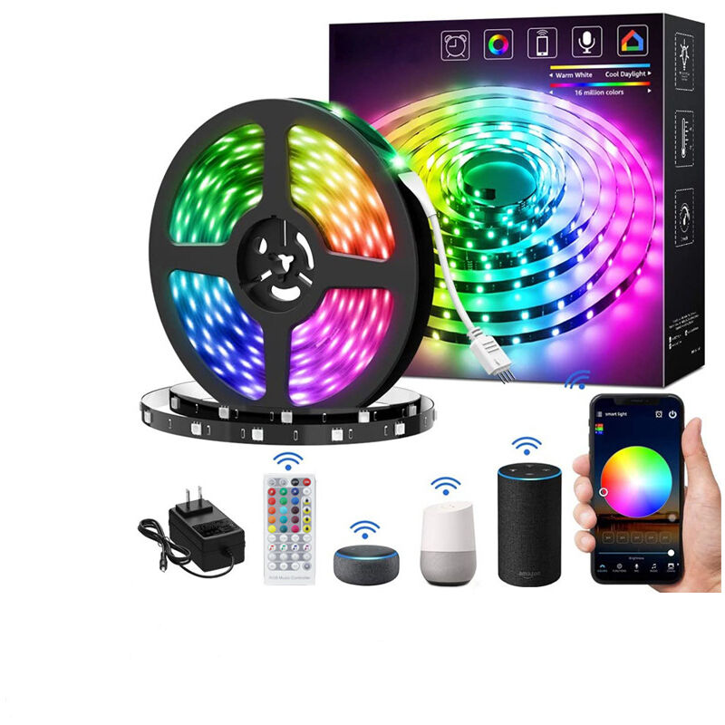 

Tira de LED RGB WiFi de 5 m, 60 LED 5050, tira de luz de color de asistente conectada, modo y brillo ajustables, cinta de techo multicolor para