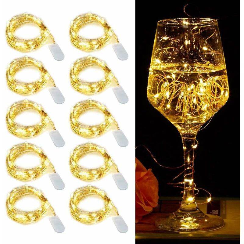 

Tira de luces LED – 20 LED 2 m Mini lámpara de alambre de cobre blanco cálido, luces decorativas a pilas, luces de ambiente, botella de vino,