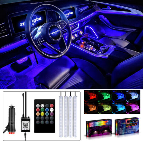 Tira de luces LED para interior de coche, 4 unidades, cargador USB multicolor con función de sonido activo y control remoto inalámbrico.