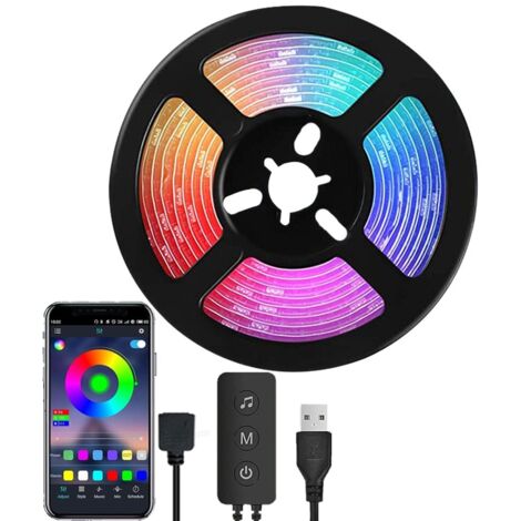 Tira de luces LED RGB 5050 de 2 metros con sincronización musical, control por aplicación Bluetooth, 16 millones de colores, brillo ajustable, control de 3 botones, IP65 para TV/PC, iluminación ambien