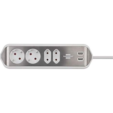 Tira del zócalo de la esquina de Estilo con la función de carga USB 4 veces 2x Contacto de protección y 2x Euro Silver / White
