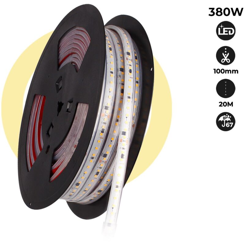 

Tira LED 220V 300W (2400xSMD2835) 12mm IP67 Rollo 20 metros | Blanco cálido 2700K