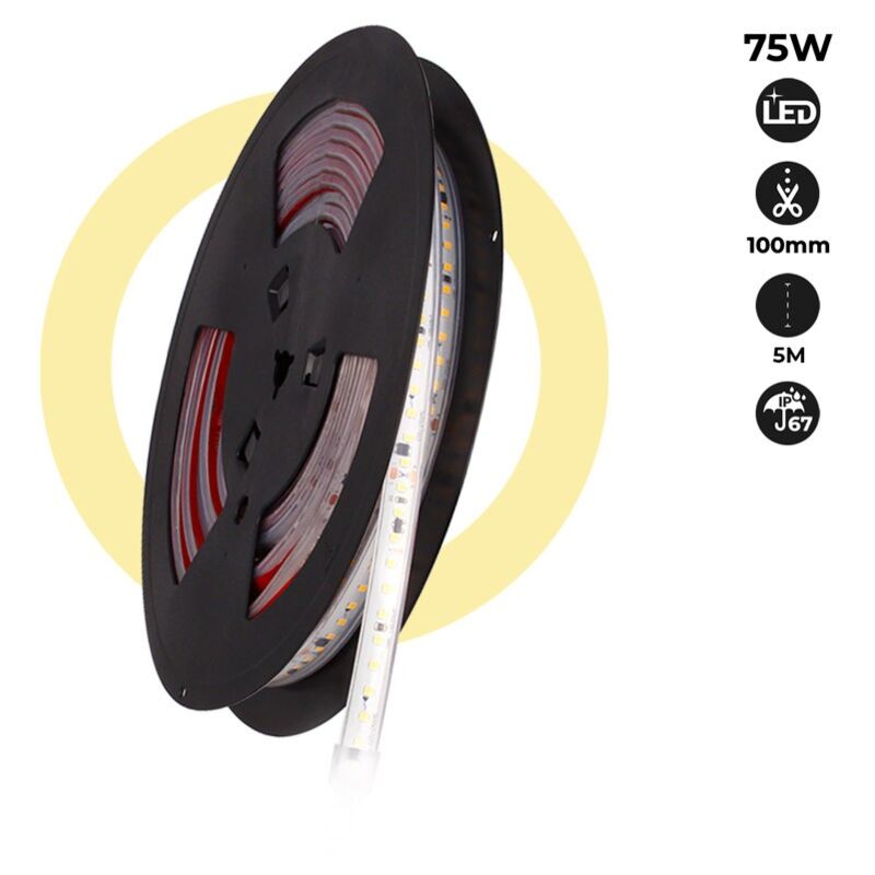 

Tira LED 220V 75W (600xSMD2835) 12mm IP67 Rollo 5 metros | Blanco cálido 2700K