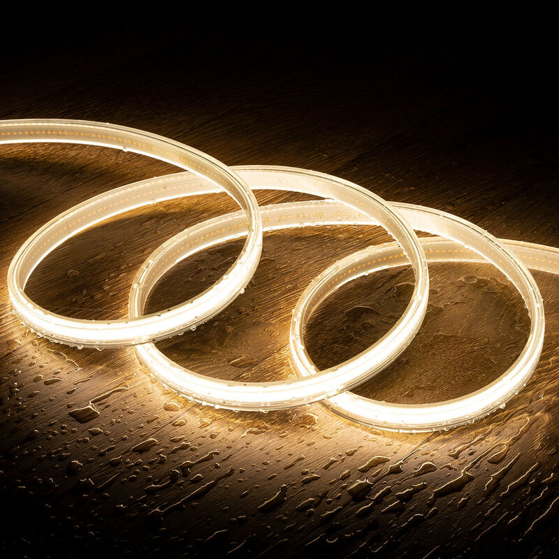 

Tira LED COB Regulable 220V AC 320 LED/m Blanco Cálido IP65 a Medida Corte cada 50 cm 20m - 20m