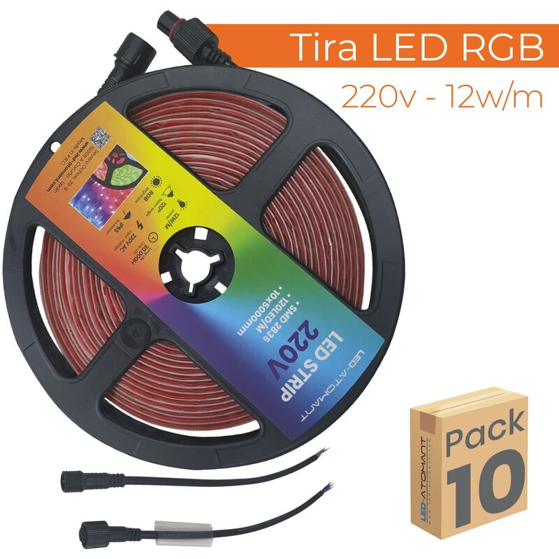 

Led Atomant Sl - Tira LED RGB 5M Directa 220V 12W/m 60LED/m Corte 12,5cm IP65 | Pack 10 Uds. - Pack 10 Uds.