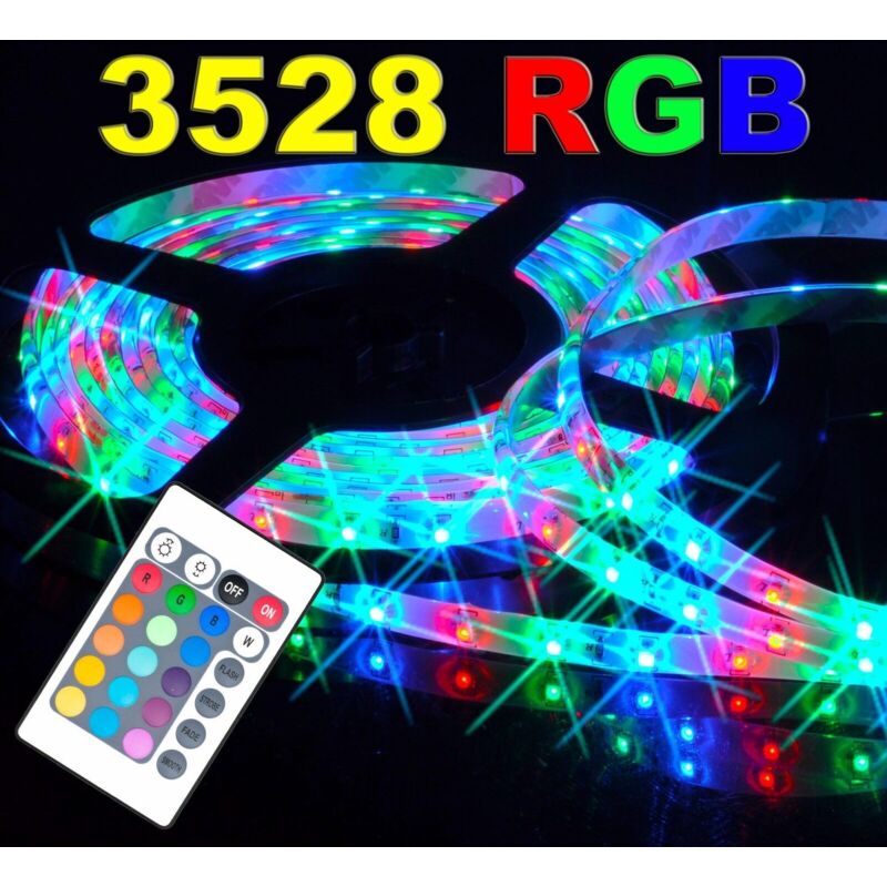 Tira Led Smd 3528 Rgb Ip65 Bobina De 5 Metros Con Alimentador Y Mando A Distancia