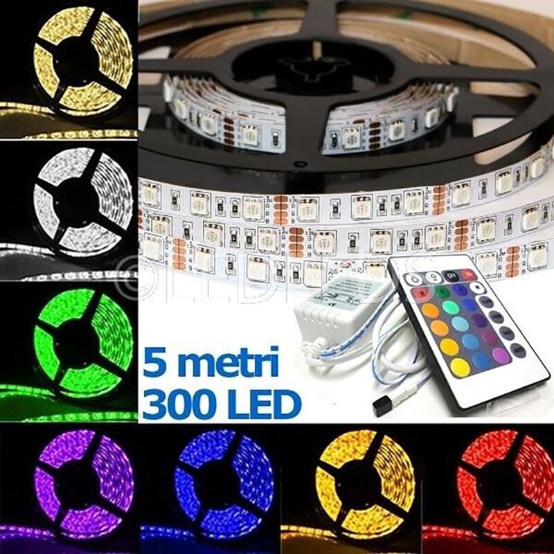 Tira Led Smd 5050 Rgb Ip65 Bobina De 5 Metros Con Alimentador Y Mando A Distancia