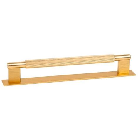 tirador aluminio modelo arpa plate con placa acabados disponibles efecto inox, negro cepillado y laton cepillado acabado laton cepillad dist. agujero dist. 192mm.