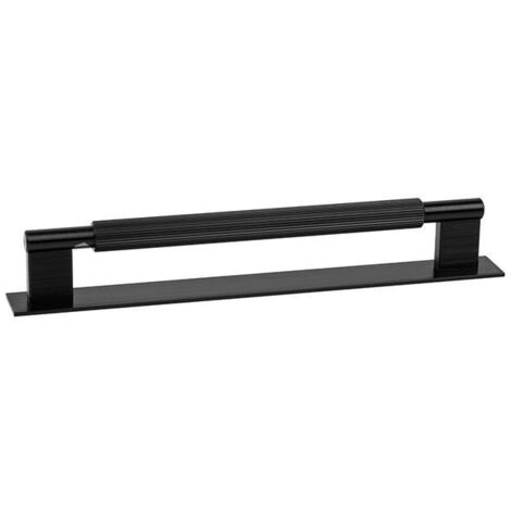 tirador aluminio modelo arpa plate con placa acabados disponibles efecto inox, negro cepillado y laton cepillado acabado negro cepillad dist. agujero dist. 192mm.