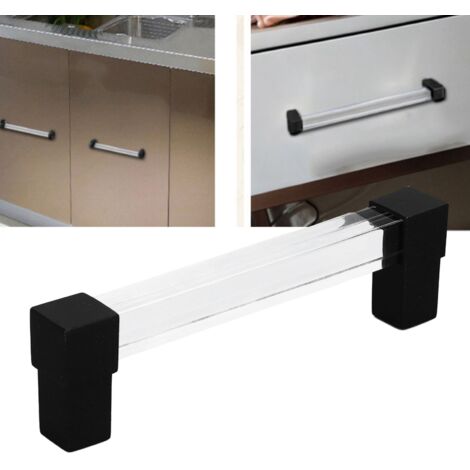 Tirador de cajón de acrílico cristalino con fijación simple – Negro – Diseño de una sola pieza para puertas y cajones – Distancia entre orificios de 128 mm – Aleación de zinc – Incluye 2 tornillos
