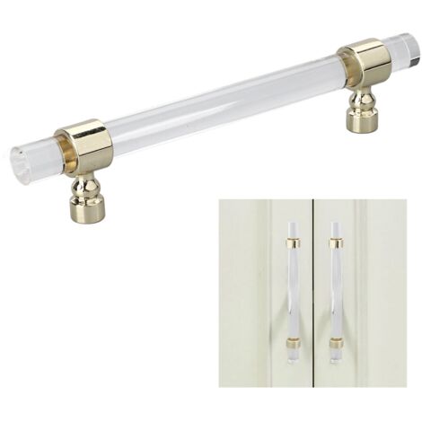 Tirador de cristal acrílico transparente – B01277S – Fácil instalación para armarios, cómodas y aparadores – Distancia entre orificios: 96 mm – Dorado