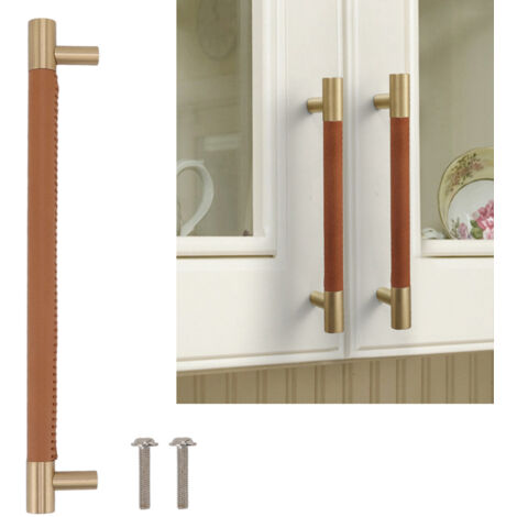 Tirador para puerta de armario, modelo 224MM - Acabado en cuero y cobre chapado en oro - Elegante tirador - Tirador moderno y chic para armarios, puertas y cajones