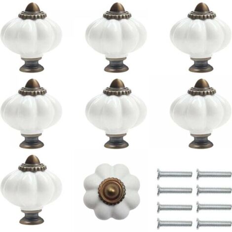 Tiradores de cerámica blanca y bronce para muebles con tornillos de calabaza (juego de 8) - Tiradores redondos vintage para muebles - KZQ